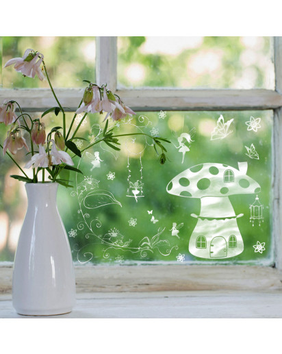 Vorlage Fensterbild Pilzhaus Feen Elfen Blumen Schmetterlinge Kreidefensterbild Chalky Markers Frühling Frühlingsdeko Deko Ostern Fensterdeko Fensterbilder ch23