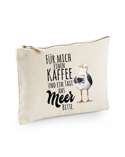 Canvas Pouch Tasche Möwe mit Pott Tasse & Spruch Kaffee und ein Taxi ans Meer Vogel Waschtasche Kulturbeutel individuell bedruckt cl11