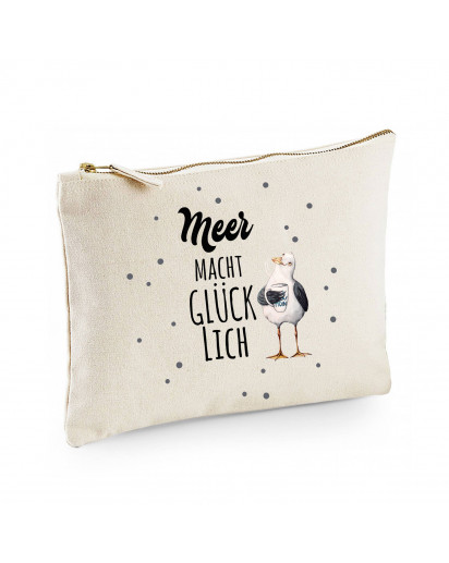 Canvas Pouch Tasche Möwe mit Pott Tasse & Spruch Meer macht glücklich Punkte Vogel Waschtasche Kulturbeutel individuell bedruckt cl12