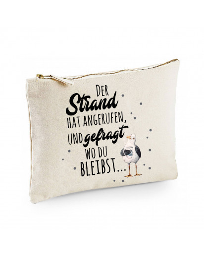 Canvas Pouch Tasche Möwe mit Pott Tasse & Spruch Strand hat angerufen Punkte Vogel Waschtasche Kulturbeutel individuell bedruckt cl13