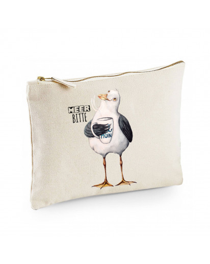 Canvas Pouch Tasche Möwe mit Pott Tasse & Spruch Meer bitte Vogel Waschtasche Kulturbeutel individuell bedruckt cl14