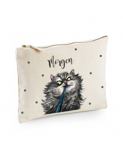 Canvas Pouch Tasche mit Katze & Spruch Morgen Kater Kätzchen Waschtasche Kulturbeutel individuell bedruckt cl16