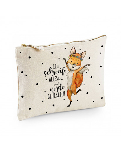 Canvas Pouch Tasche mit Fuchs & Spruch schmeiß alles hin werde glücklich Waschtasche Kulturbeutel individuell bedruckt cl17