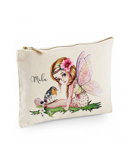 Canvas Pouch Tasche Waschtasche Fee Elfe & Vögelchen Vogel individuell bedruckt Name Wunschname Kulturbeutel Motiv cl20