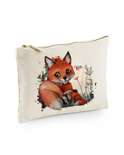 Canvas Pouch Tasche mit Fuchs Fuchsmama mit Junges Waschtasche Kulturbeutel individuell bedruckt Name Wunschnamen cl34