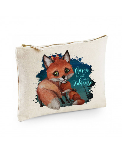 Canvas Pouch Tasche Fuchs Fuchsmama mit Junges & Spruch Mama mein Zuhause Waschtasche Kulturbeutel individuell bedruckt cl35