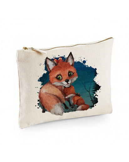 Canvas Pouch Tasche Fuchs Fuchsmama mit Junges im Wald Waschtasche Kulturbeutel individuell bedruckt cl36