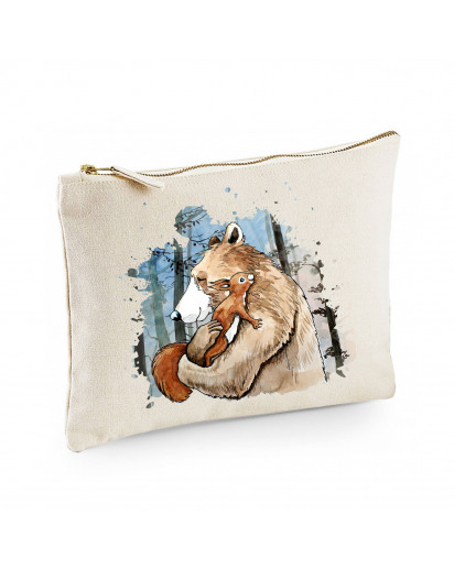 Canvas Pouch Tasche Bär & Eichhörnchen im Wald Waschtasche Kulturbeutel individuell bedruckt cl38