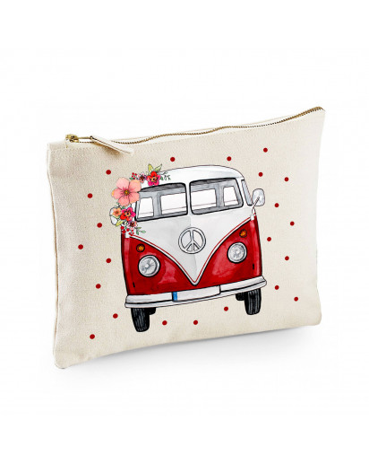 Canvas Pouch Tasche Bulli Bus rot türkis rosa gelb mit Blumen & Punkten frontal Front vorne Waschtasche Kulturbeutel cl41