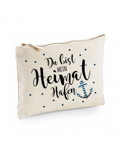 Canvas Pouch Tasche mit Spruch Du bist mein Heimat Hafen & Anker Waschtasche Kulturbeutel individuell bedruckt cl43