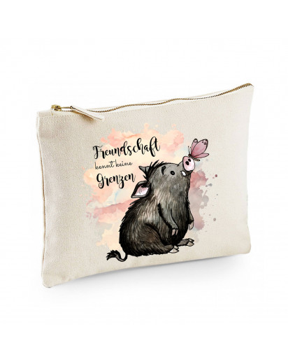 Canvas Pouch Tasche Schwein & Schmetterling Spruch Freundschaft Waschtasche Kulturbeutel Kosmetiktasche individuell bedruckt cl50