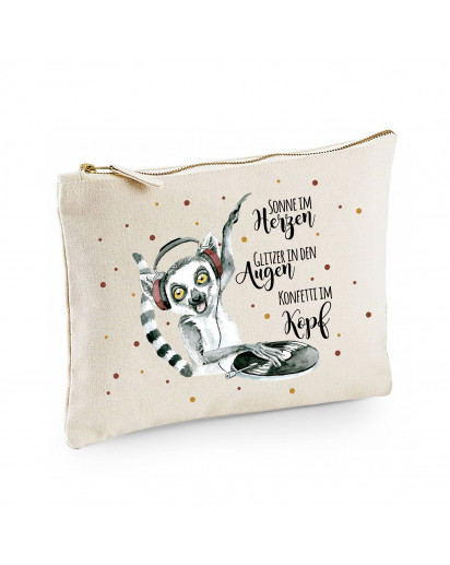 Canvas Pouch Tasche Lemur DJ & Spruch Konfetti im Kopf Punkte Waschtasche Kulturbeutel Kosmetiktasche individuell bedruckt cl53