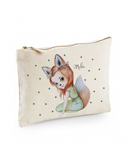 Canvas Pouch Tasche Waschtasche Fuchsmädchen Fara mit grünen Punkten individuell bedruckt mit Name Wunschname Kulturbeutel Motiv cl54