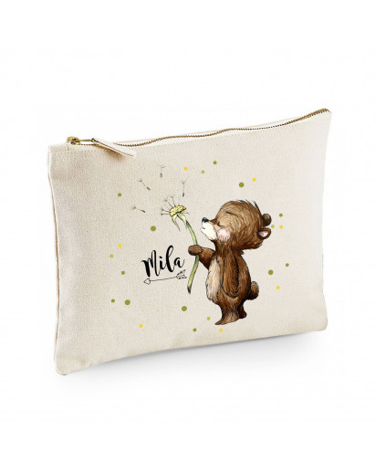 Canvas Pouch Tasche Waschtasche Bär Bärchen mit Pusteblume individuell bedruckt mit Name Wunschname Kulturbeutel Motiv cl56