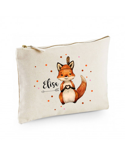 Canvas Pouch Tasche Waschtasche Fuchs Indianerfuchs individuell bedruckt mit Name Wunschname Kulturbeutel Motiv cl57