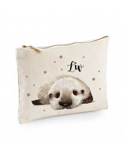 Canvas Pouch Tasche Waschtasche Otter & Punkte individuell bedruckt mit Name Wunschname Kulturbeutel Motiv cl58