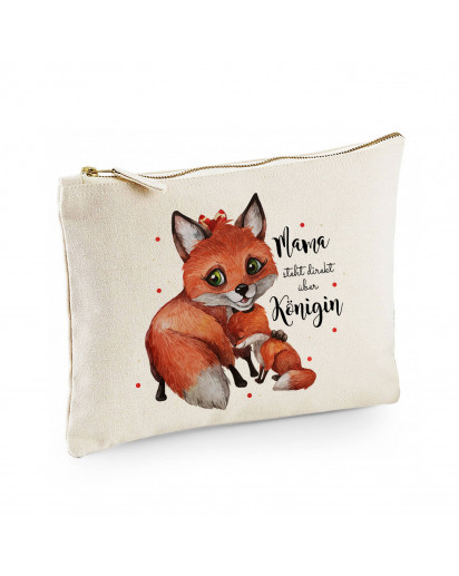 Canvas Pouch Tasche Fuchs Fuchsmama mit Junges & Spruch Mama steht über Königin Waschtasche Kulturbeutel Kosmetiktasche cl61