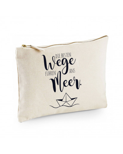 Canvas Pouch Tasche mit Spruch Wege ans Meer & Papierschiff Motiv Waschtasche Kulturbeutel individuell bedruckt cl9