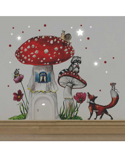 Elfentür Feentür Wichteltür Koboldtür mit Wandtattoo Wandaufkleber Wandsticker Aufkleber Sticker Fliegenpilz mit Waschbär Fuchs und Punkten elves door fairy door pixie door imp door gnome door with wall decal toadstool with raccoon fox and dots e07