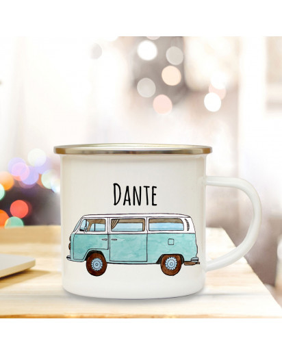 Emaille Becher Camping Tasse mit Bus Bulli Autobus Surfbus hellblau & Name Wunschname Kaffeetasse Geschenk eb103