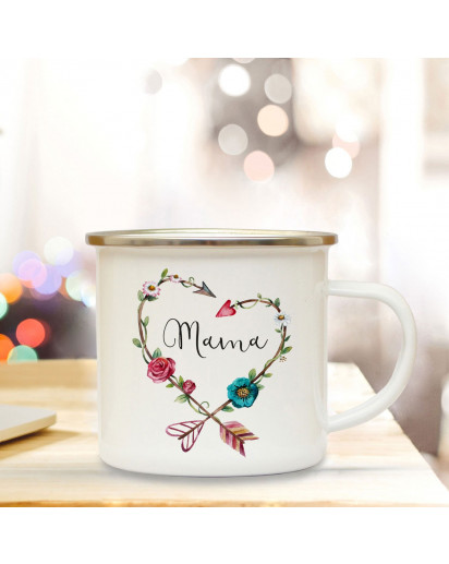 Emaille Becher Muttertag Camping Tasse mit Blumenkranz & Spruch Mama Kaffeetasse Geschenk eb106