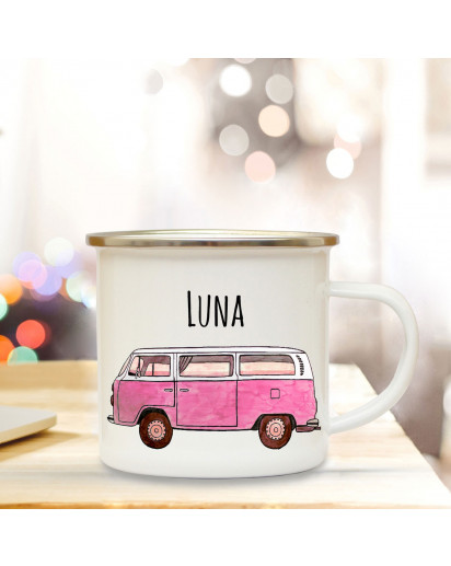 Emaille Becher Camping Tasse mit Bus Bulli pink Autobus Surfbus & Name Wunschname Kaffeetasse Geschenk eb109