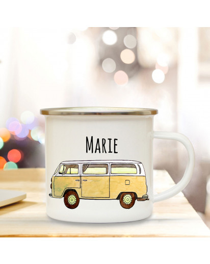Emaille Becher Camping Tasse mit Bus Bulli gelb Autobus Surfbus & Name Wunschname Kaffeetasse Geschenk eb110