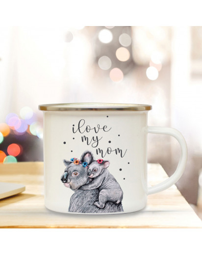 Emaille Becher Muttertag Camping Tasse Koala Bären & Spruch Motto I love my mom Kaffeetasse Zitat Geschenk eb111