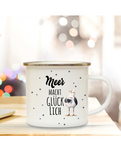 Emaille Becher Camping Tasse maritim Möwe & Spruch Motto Meer macht Glücklich Kaffeetasse Zitat Geschenk eb116