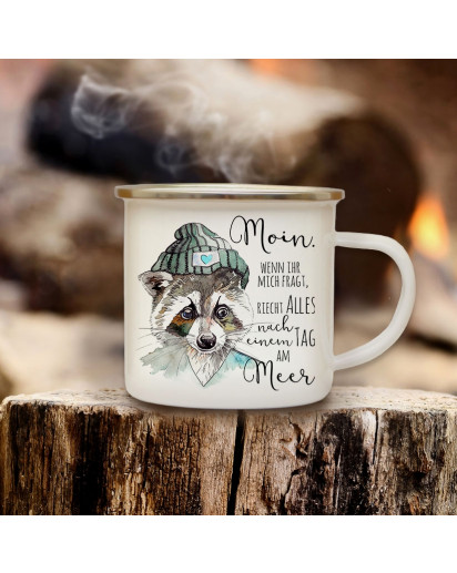 Emaille Becher Camping Tasse Waschbär Kaffeetasse Geschenk maritim Spruch Motto ...ein Tag am Meer eb124