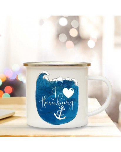 Emaillebecher Anker Kaffeebecher Campingbecher mit Spruch "I love Hamburg" Geschenk eb139