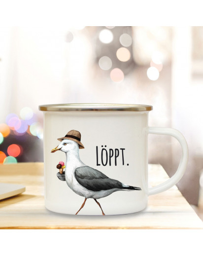 Emaille Becher Camping Tasse Möwe mit Hut & Spruch Motto löppt Kaffeetasse Zitat Geschenk eb148