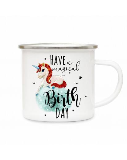 Emaille Becher Camping Tasse Einhorn Pusteblume & Spruch have a magical birthday Kaffeetasse Geschenk eb176