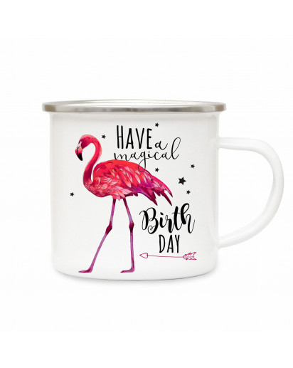 Emaille Becher Camping Tasse Flamingo Sterne & Spruch have a magical birthday Kaffeetasse Geschenk eb177