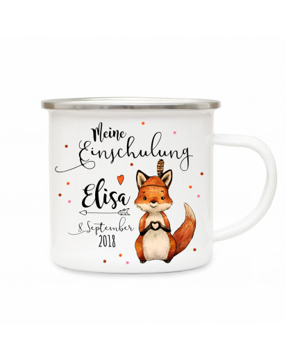 Emaille Becher Camping Tasse Fuchs & Spruch meine Einschulung Kaffeetasse Geschenk mit Name Wunschname & Datum eb178