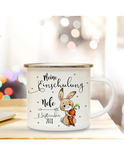 Emaille Becher Camping Tasse Hase Häschen & Spruch meine Einschulung Kaffeetasse Geschenk mit Name Wunschname & Datum eb181