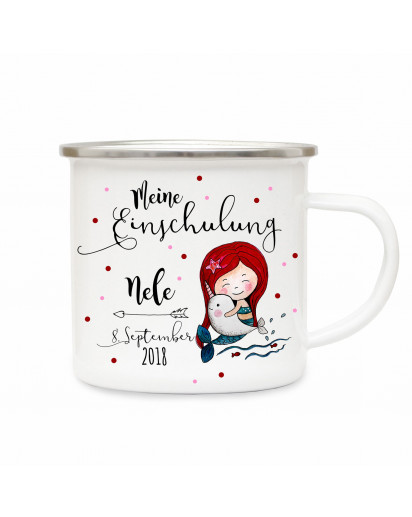 Emaille Becher Camping Tasse Meerjungfrau & Spruch meine Einschulung Kaffeetasse Geschenk mit Name Wunschname & Datum eb182