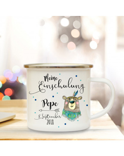 Emaille Becher Camping Tasse Boho Bär & Spruch meine Einschulung Kaffeetasse Geschenk mit Name Wunschname & Datum eb183