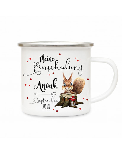 Emaille Becher Camping Tasse Eichhörnchen & Spruch meine Einschulung Kaffeetasse Geschenk mit Name Wunschname & Datum eb184