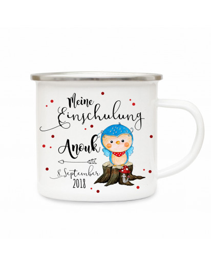 Emaille Becher Camping Tasse Eule Eulchen & Spruch meine Einschulung Kaffeetasse Geschenk mit Name Wunschname & Datum eb185