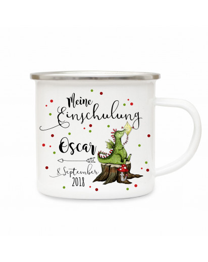 Emaille Becher Camping Tasse Drachen & Spruch meine Einschulung Kaffeetasse Geschenk mit Name Wunschname & Datum eb186