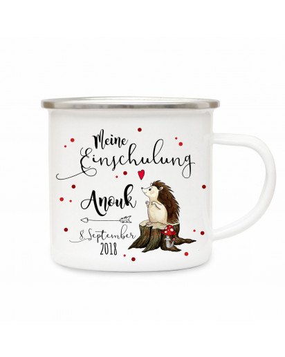 Emaille Becher Camping Tasse Igel & Spruch meine Einschulung Kaffeetasse Geschenk mit Name Wunschname & Datum eb187