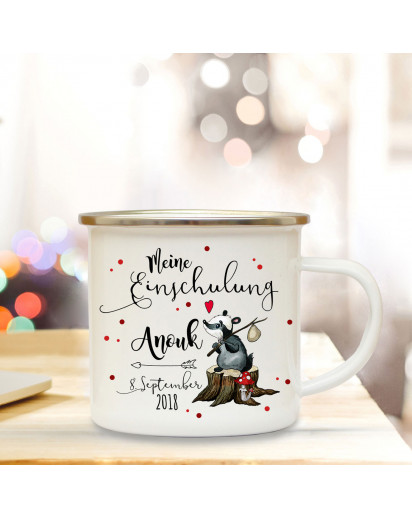 Emaille Becher Camping Tasse Waschbär & Spruch meine Einschulung Kaffeetasse Geschenk mit Name Wunschname & Datum eb188