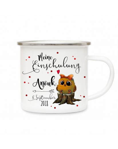 Emaille Becher Camping Tasse Eule & Spruch meine Einschulung Kaffeetasse Geschenk mit Name Wunschname & Datum eb189