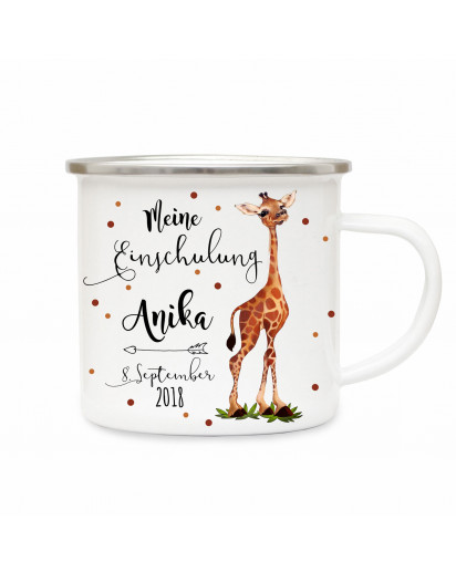 Emaille Becher Camping Tasse Giraffe & Spruch meine Einschulung Kaffeetasse Geschenk mit Name Wunschname & Datum eb190