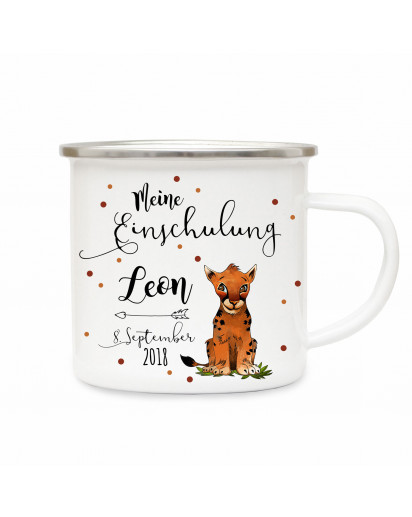 Emaille Becher Camping Tasse Tiger & Spruch meine Einschulung Kaffeetasse Geschenk mit Name Wunschname & Datum eb191