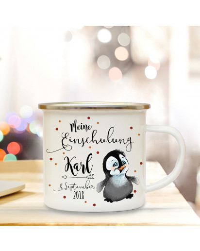 Emaille Becher Camping Tasse Pinguin & Spruch meine Einschulung Kaffeetasse Geschenk mit Name Wunschname & Datum eb192