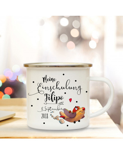 Emaille Becher Camping Tasse Flugzeug & Spruch meine Einschulung Kaffeetasse Geschenk mit Name Wunschname & Datum eb193