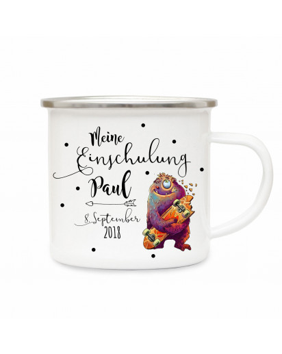 Emaille Becher Camping Tasse kleines Monster & Spruch meine Einschulung Kaffeetasse Geschenk mit Name Wunschname & Datum eb194