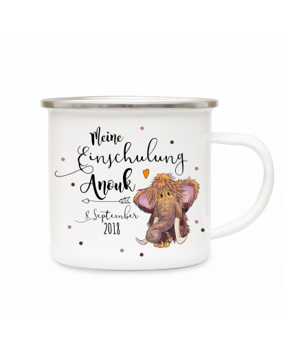 Emaille Becher Camping Tasse kleines Mammut & Spruch meine Einschulung Kaffeetasse Geschenk mit Name Wunschname & Datum eb195